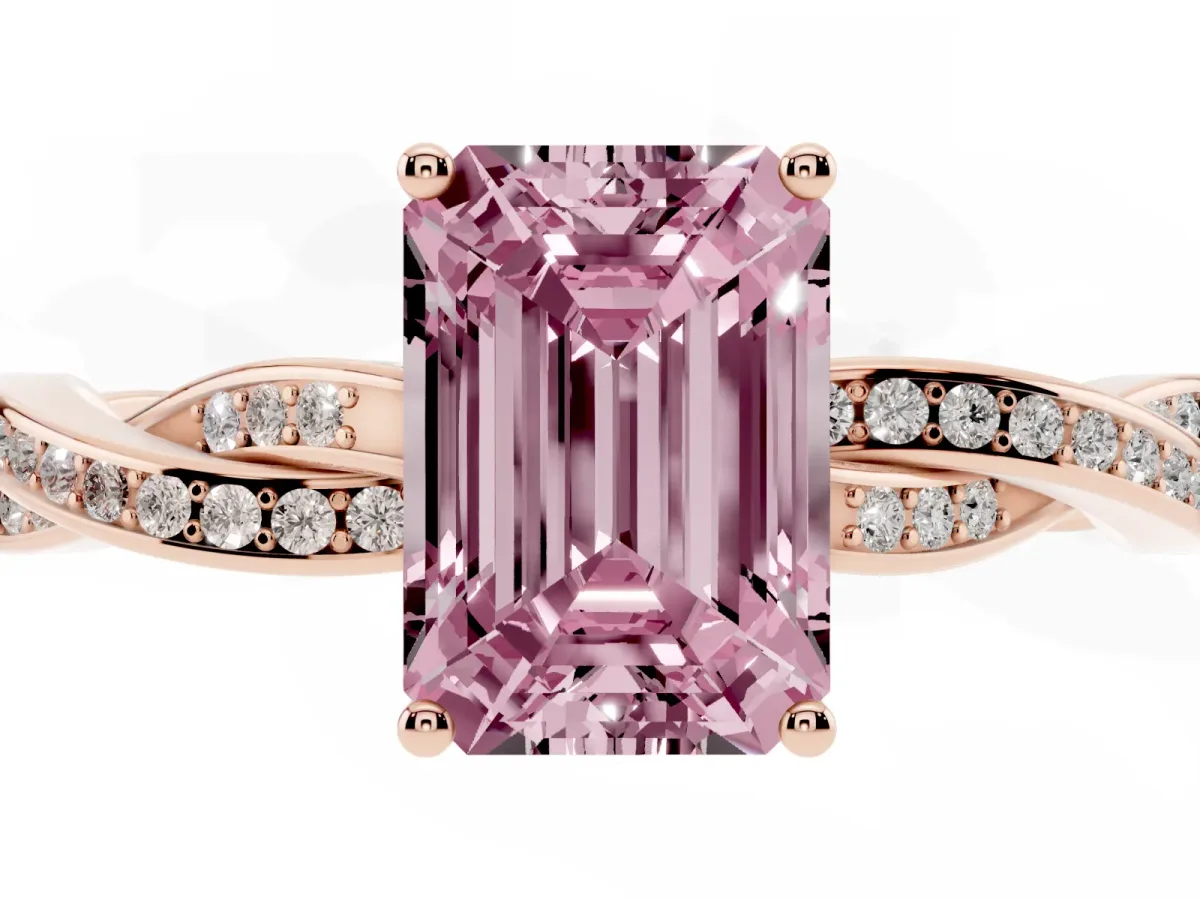 Fancy Pink Emerald Cut Solitaire Twisted Pave Diamond Ring with Four-Prong Setting Rose gold