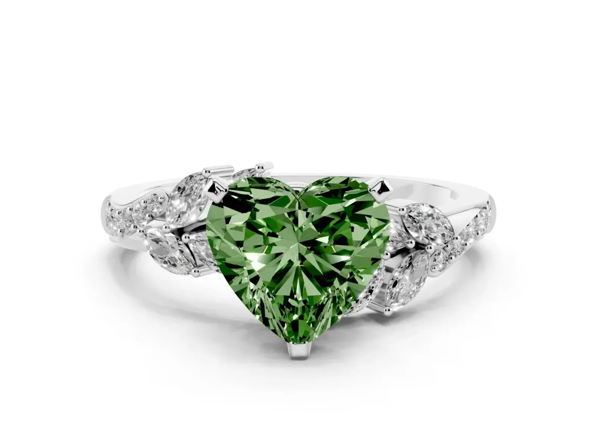 Fancy Green Heart Cut Solitaire Marquise Twist Band with Six-Prong Setting Silver
