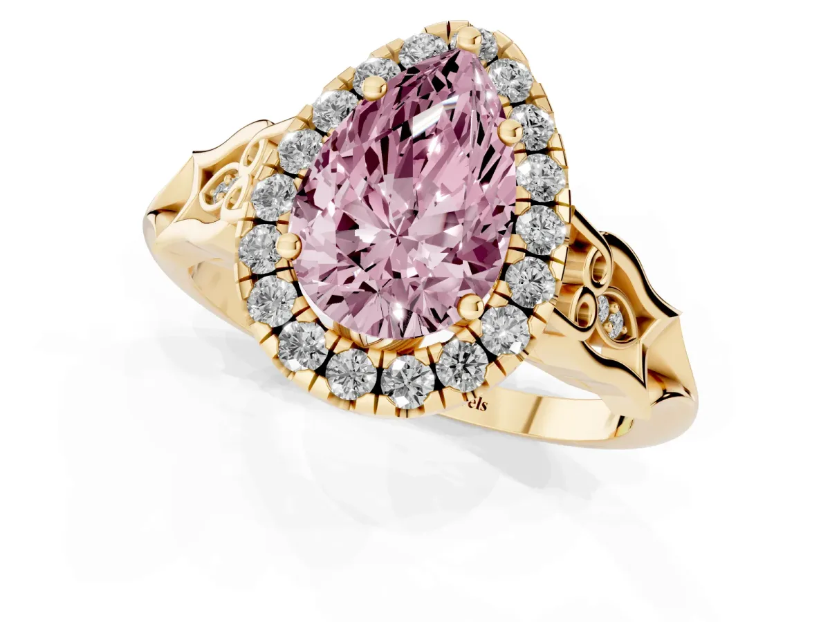 Fancy Pink Pear Cut Halo Diamond Engagement Ring with Filigree Band and Four-Prong Setting Yellow gold