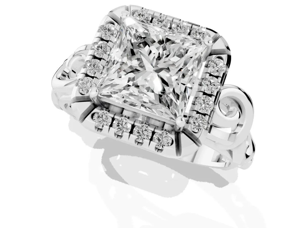 Princess Cut Cut Halo Diamond Ring with Scrollwork Band and Four-Prong Setting Platinum