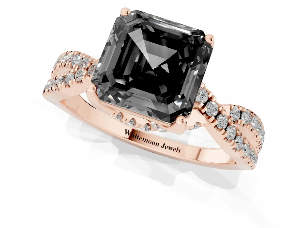 Fancy Black Asscher Cut Solitaire Twist Pave Diamond Engagement Ring with Prong Setting Rose gold