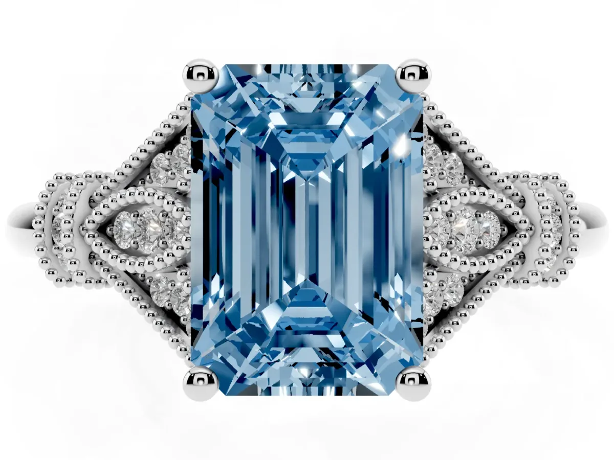 Fancy Blue Emerald Cut Diamond Solitaire Ring with Floral Filigree and Pave Accents White gold
