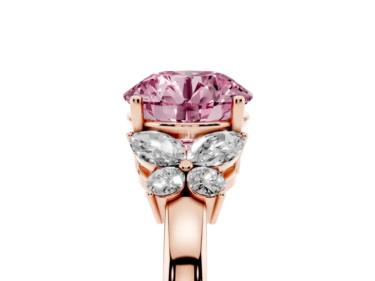 Fancy Pink Round Cut Cut Solitaire Floral Diamond Ring with Four-Prong Setting Rose gold