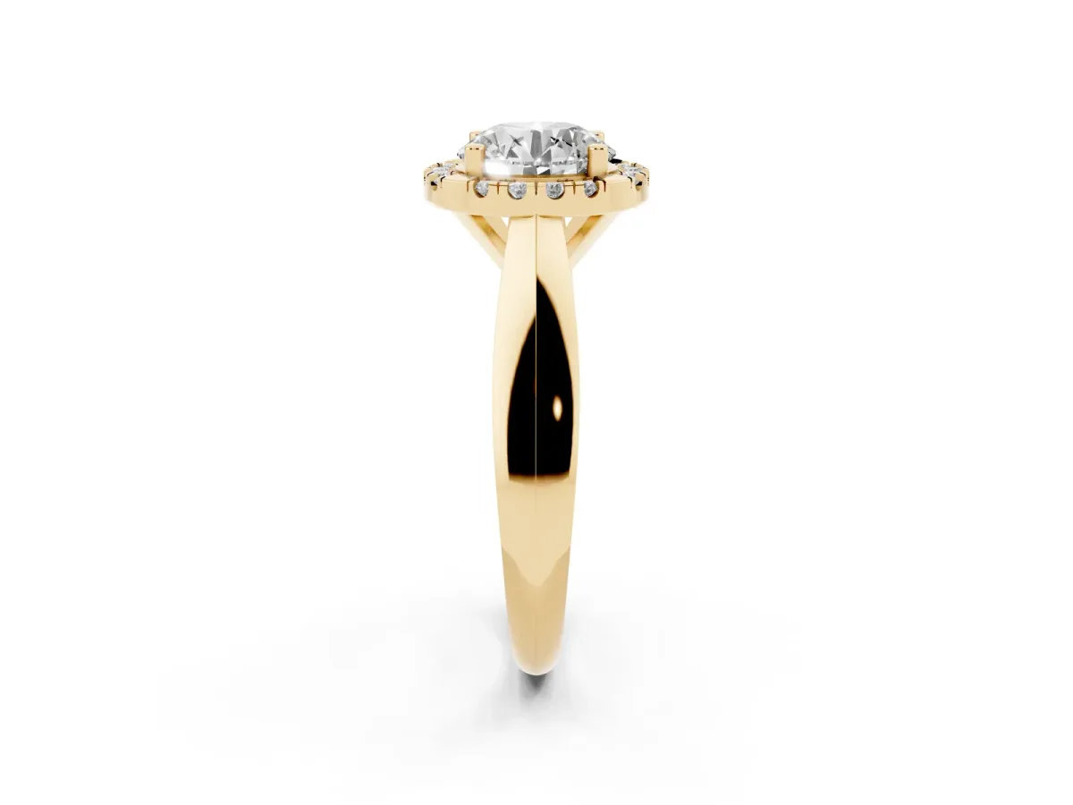 Round Cut Cut Halo Solitaire Engagement Ring with Square Band and Four-Prong Setting Yellow gold