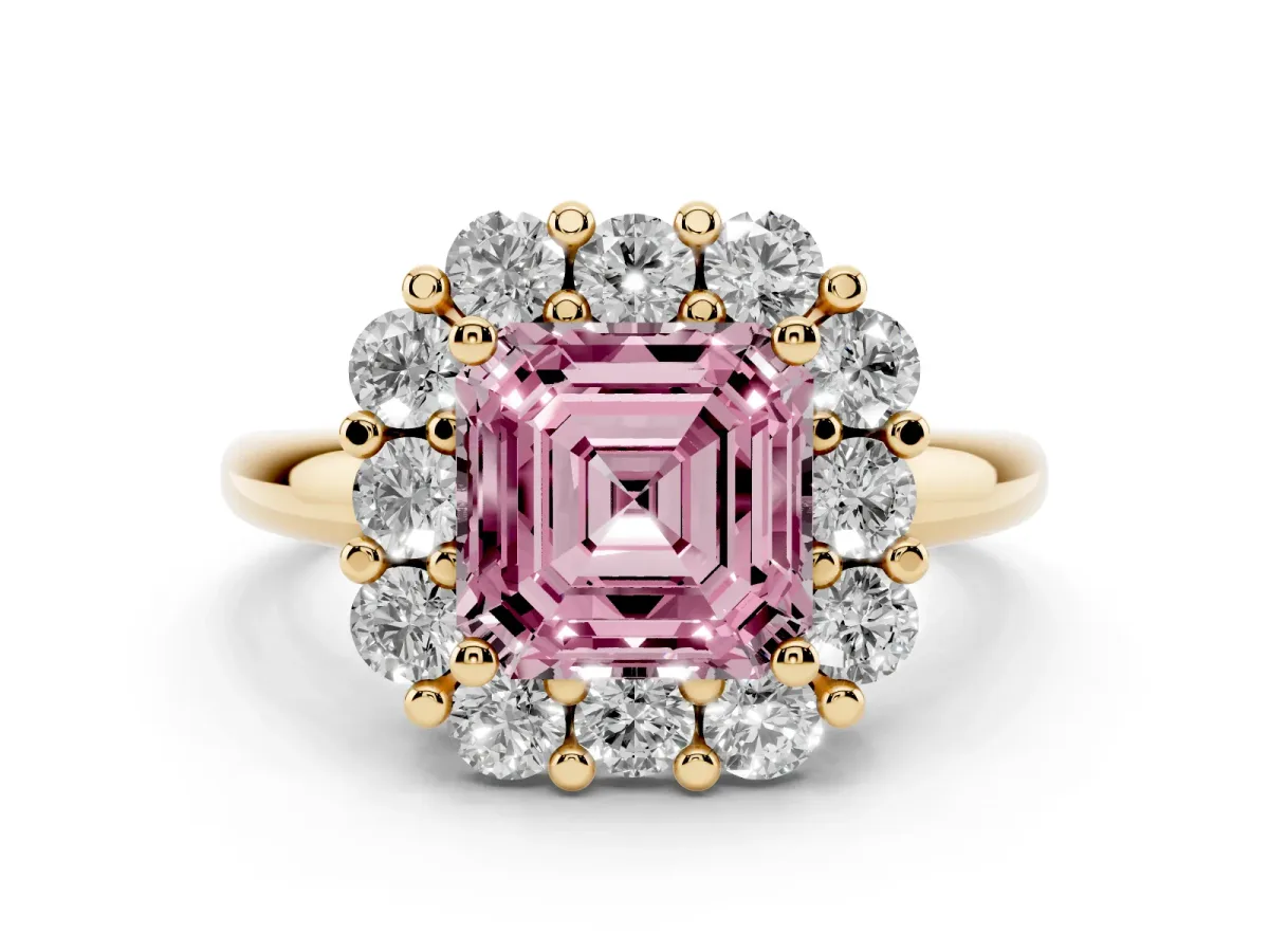 Fancy Pink Asscher Cut Halo Cluster Diamond Engagement Ring with Prong Setting and Polished Band Yellow gold