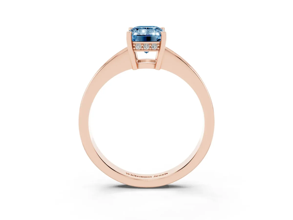 Fancy Blue Emerald Cut Solitaire Pavé Band Prong Setting Ring Rose gold