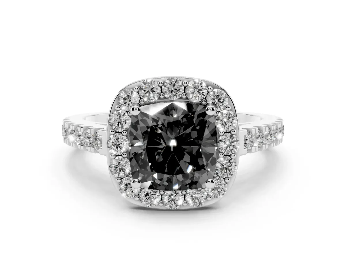 Fancy Black Cushion Cut Diamond Halo Ring with Round Pavé Split Shank and Prong Setting Silver