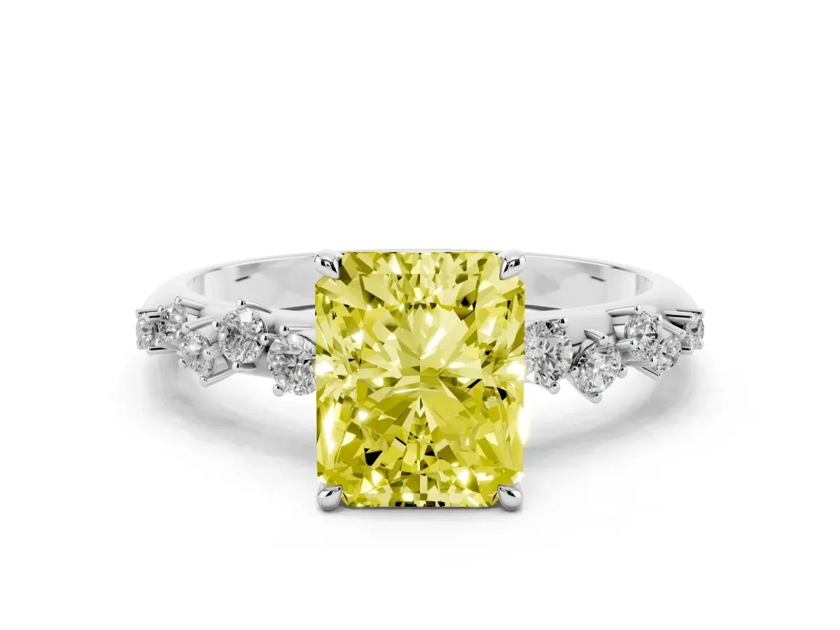 Fancy Yellow Radiant Cut Diamond Cluster Side Stone Solitaire Ring with Prong Setting White gold