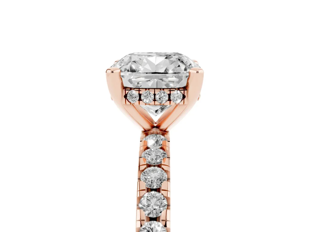 Cushion Cut Diamond Solitaire Ring with Round Pavé Band and Four-Prong Setting Rose gold