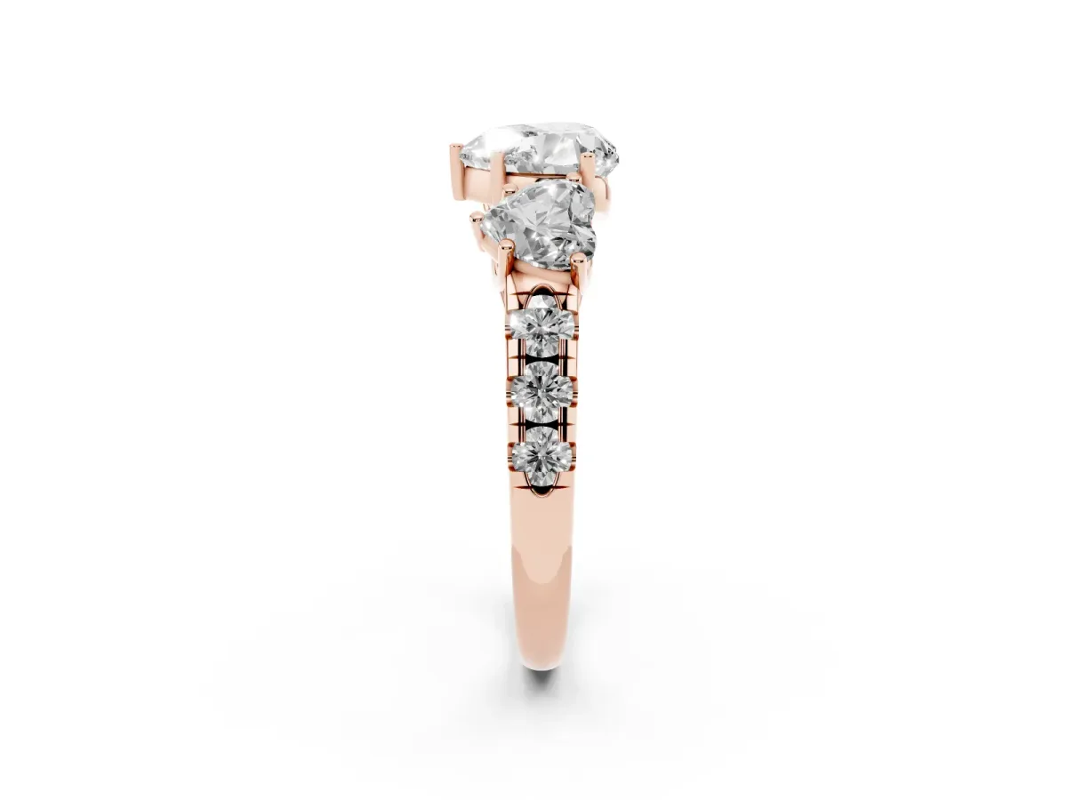 Three-Stone Heart Cut Diamond Pavé Band with Prong Setting Rose gold