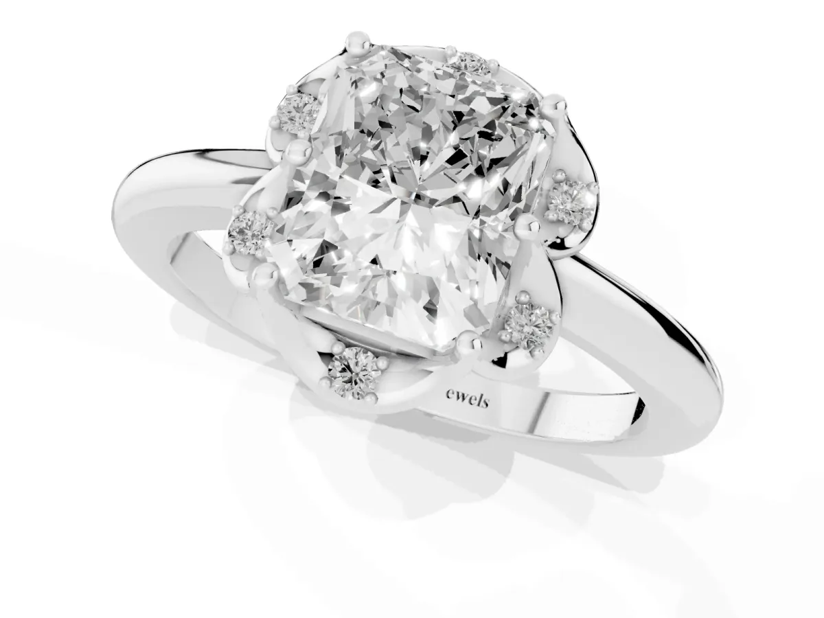 Radiant Cut Halo Diamond Ring with Round Cluster Setting, Solitaire Band, and Four-Prong Setting Silver