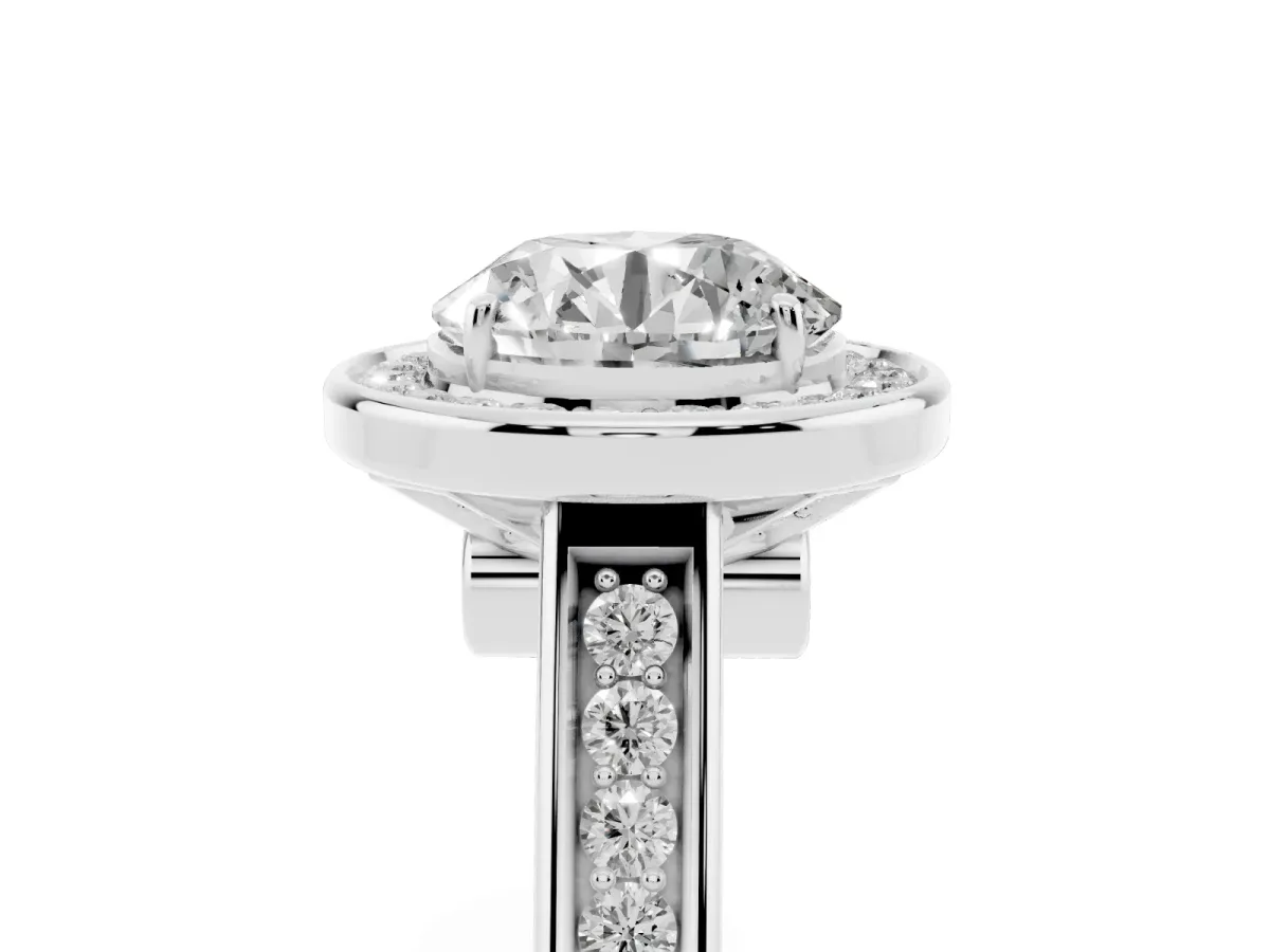 Round Cut Halo Solitaire Diamond Ring with Pave Band and Bezel Setting Silver