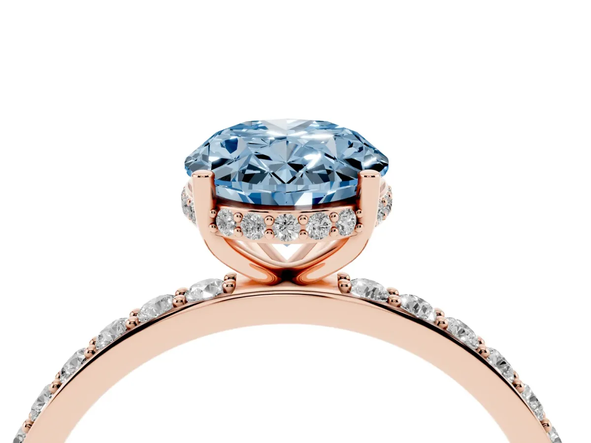 Fancy Blue Oval Cut Diamond Solitaire Ring with Pavé Band and Hidden Halo Rose gold