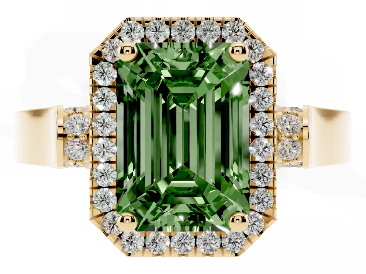 Fancy Green Emerald Cut Halo Round Diamond Twist Band with Four-Prong Setting Yellow gold