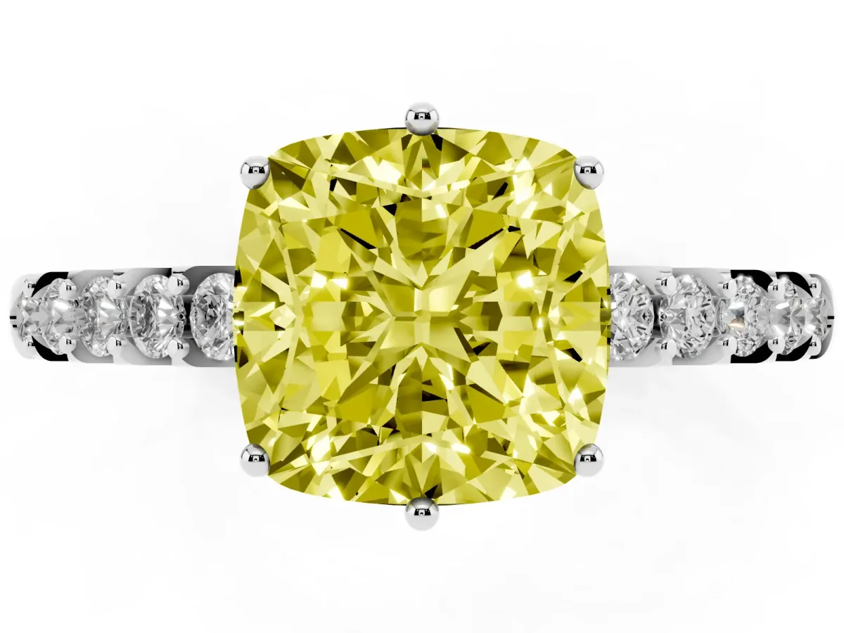 Fancy Yellow Cushion Cut Solitaire Diamond Engagement Ring with Pavé Band and Six-Prong Setting White gold
