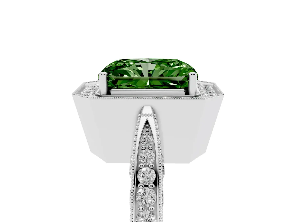 Fancy Green Radiant Cut Halo Diamond Engagement Ring with Split Shank Band and Four-Prong Setting Silver