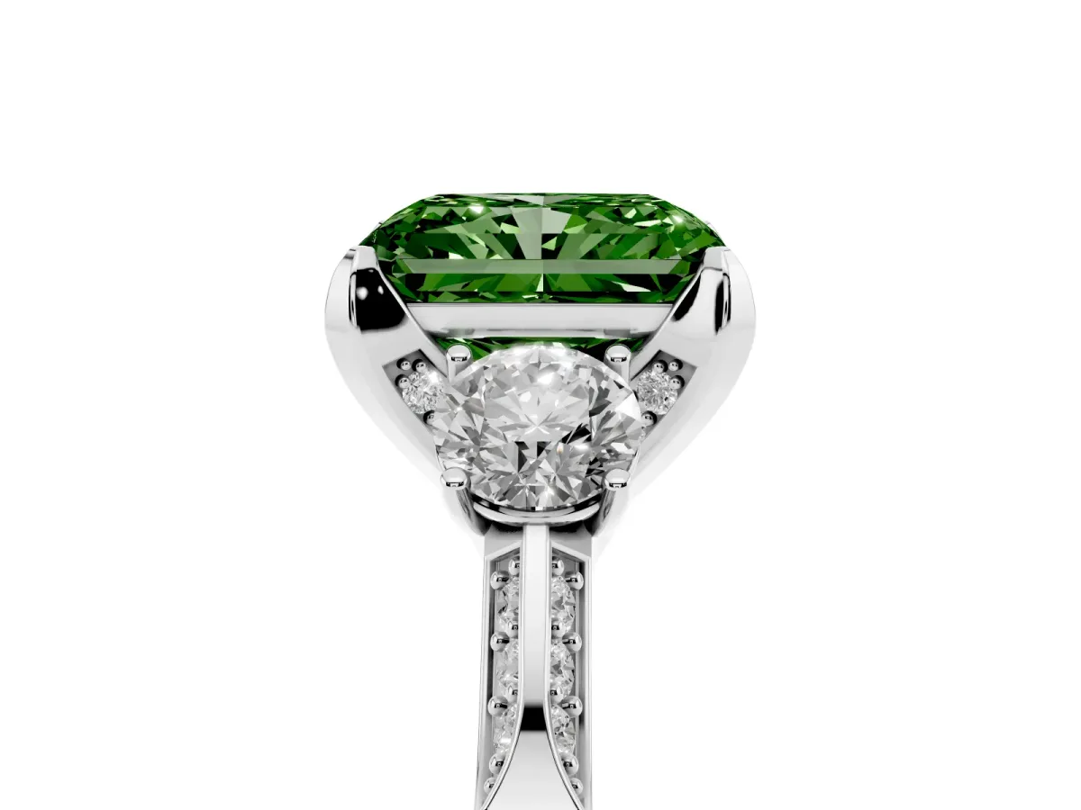 Fancy Green Radiant Cut Brilliant Three-Stone Diamond Ring with Pavé Band and Four-Prong Setting White gold