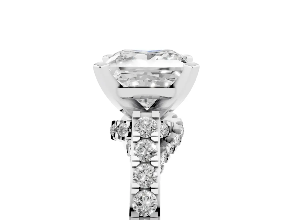 Princess Cut Diamond Solitaire Ring with Crossover Gallery and Round Pavé Band Silver