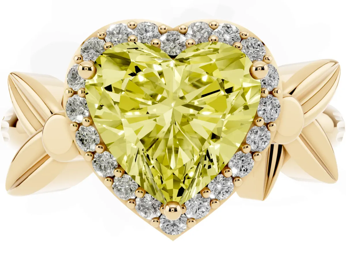 Fancy Yellow Heart Cut Halo Diamond Floral Band with Four-Prong Setting Yellow gold