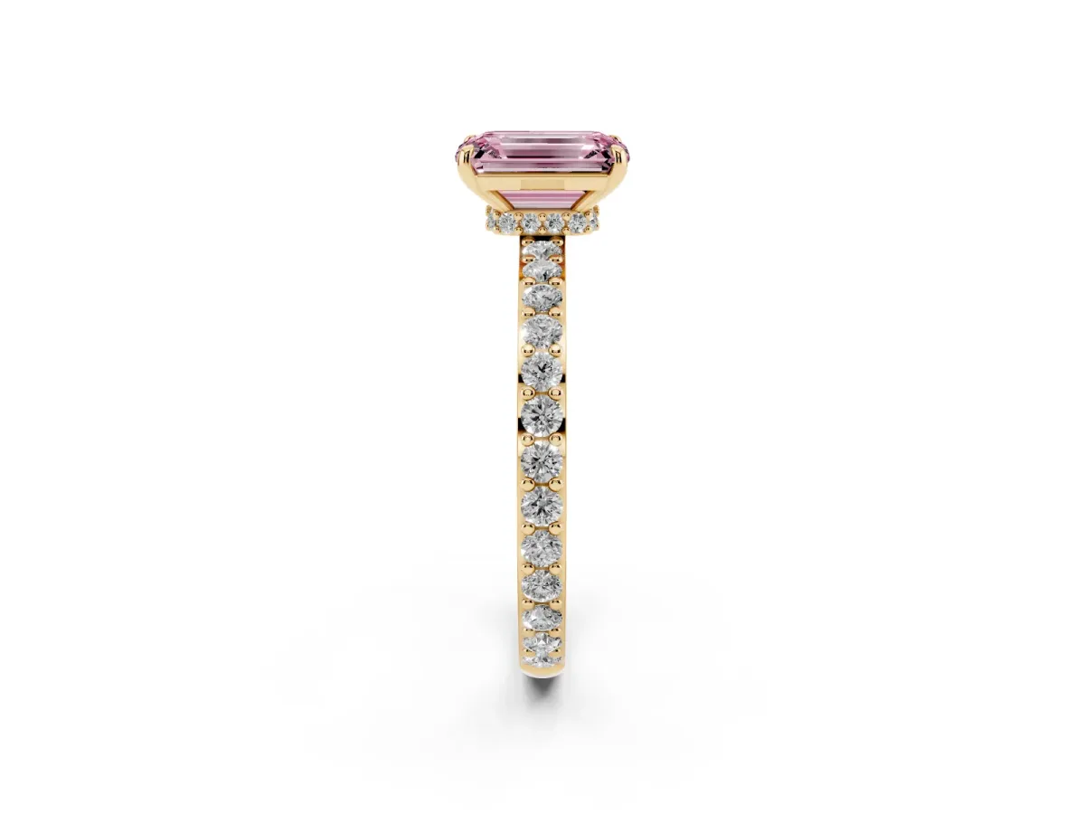 Fancy Pink Emerald Cut Diamond Pavé Engagement Ring with Round Accents and Prong Setting Yellow gold