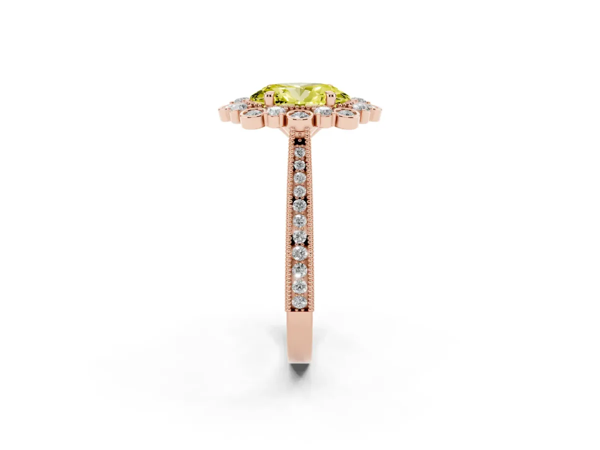 Fancy Yellow Oval Cut Halo Milgrain Pave Diamond Ring with Four-Prong Setting Rose gold