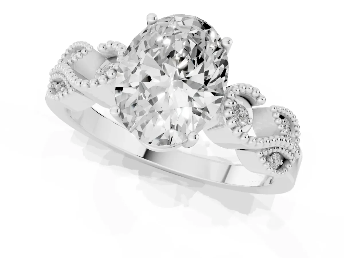 Oval Cut Solitaire Milgrain Leaf Band with Prong Setting Silver