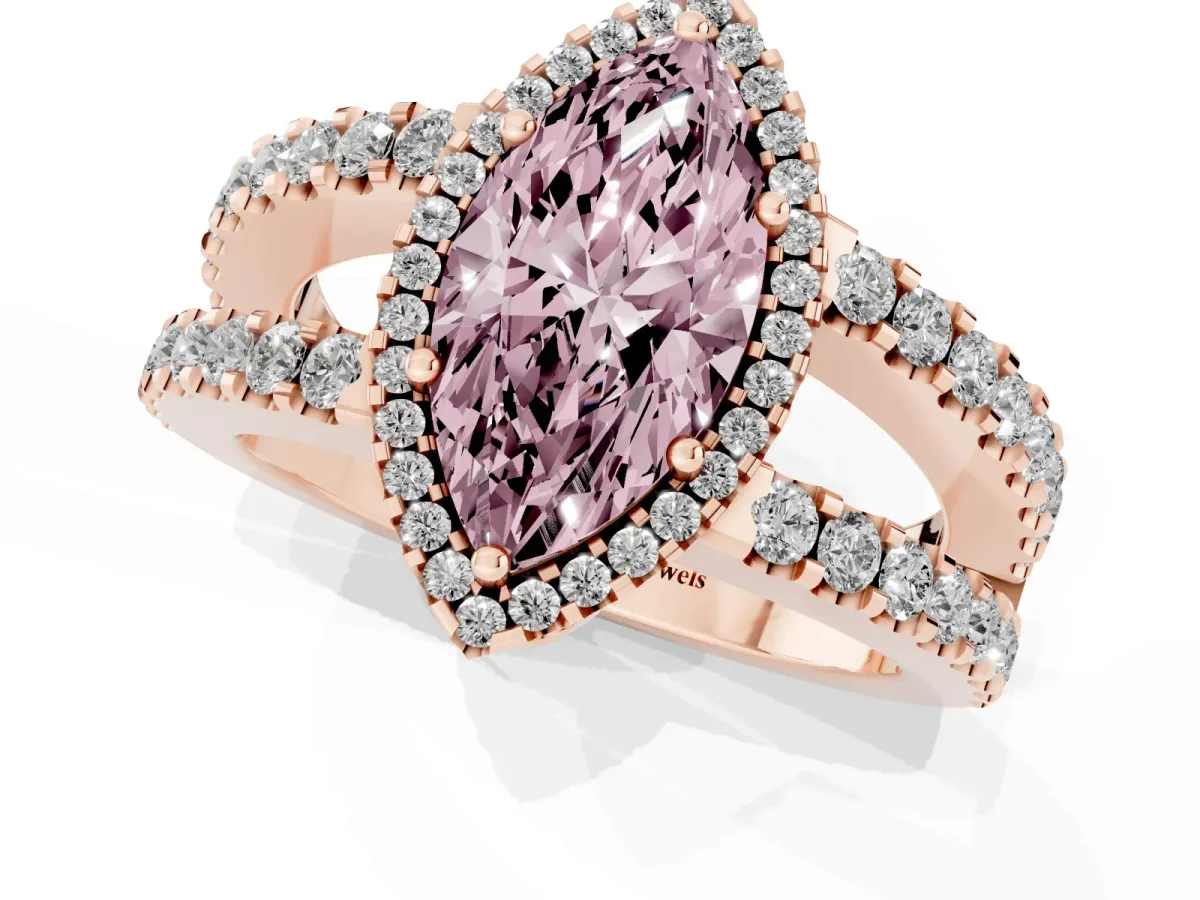 Fancy Pink Marquise Cut Cut Halo Split Shank Diamond Ring with Four-Prong Setting Rose gold