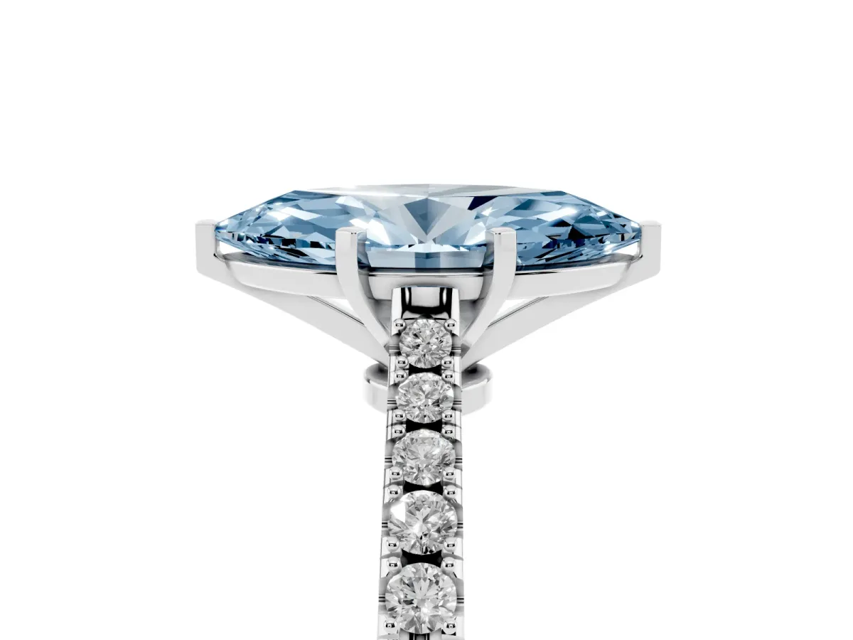Fancy Blue Marquise Cut Cut Solitaire Diamond Engagement Ring with Pave Band and Four-Prong Setting Silver
