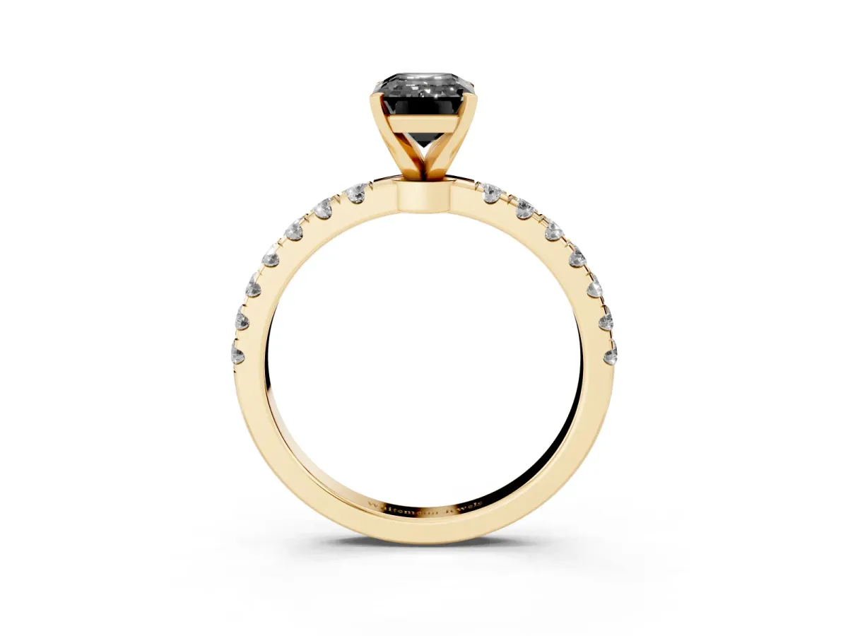 Fancy Black Emerald Cut Diamond Solitaire Ring with Pavé Accents and Four-Prong Setting Yellow gold