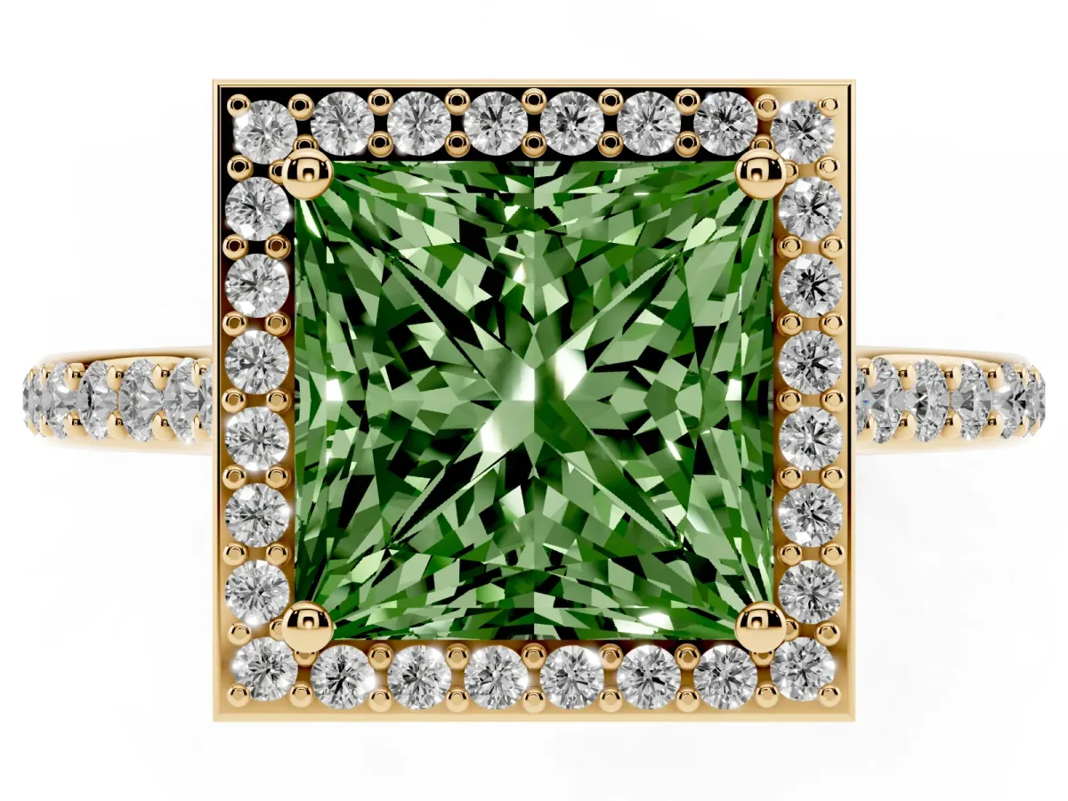 Fancy Green Princess Cut Diamond Halo Engagement Ring with Round Pavé Shoulders and Prong Setting Yellow gold