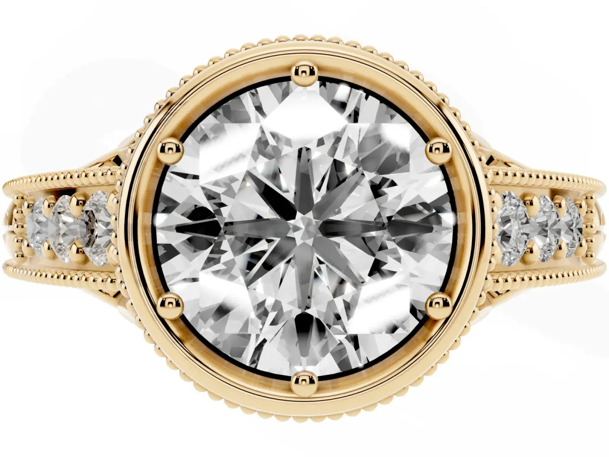 Bezel Set Round Cut Diamond Milgrain Pave Engagement Ring Yellow gold