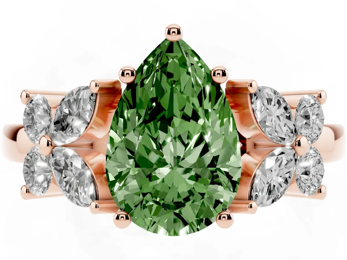 Fancy Green Pear Cut Diamond Floral Cluster Ring with Solitaire Band and Prong Setting Rose gold