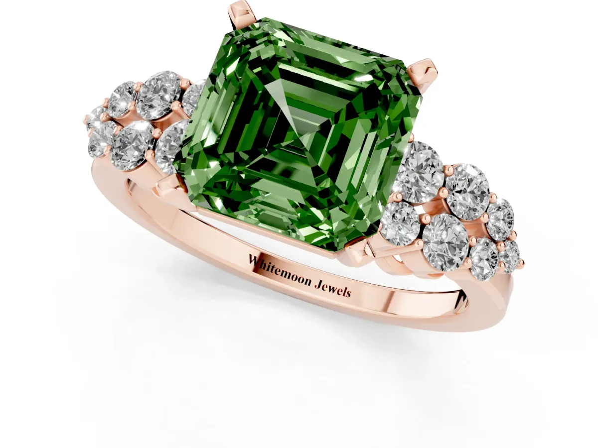 Fancy Green Asscher Cut Cluster Diamond Engagement Ring with Pavé Band and Four-Prong Setting Rose gold