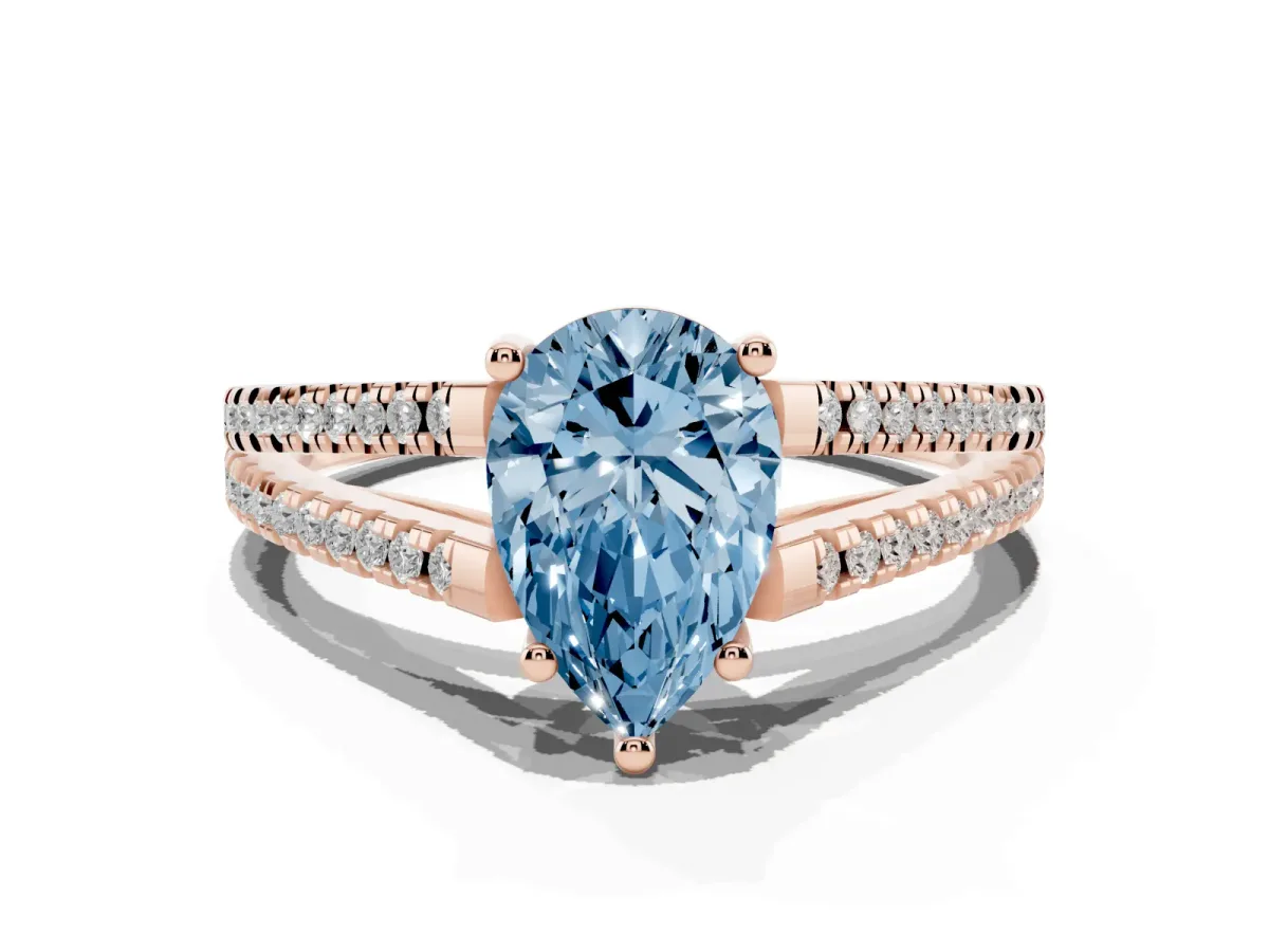 Fancy Blue Pear Cut Diamond Solitaire Engagement Ring with Split Shank Pavé Band Rose gold