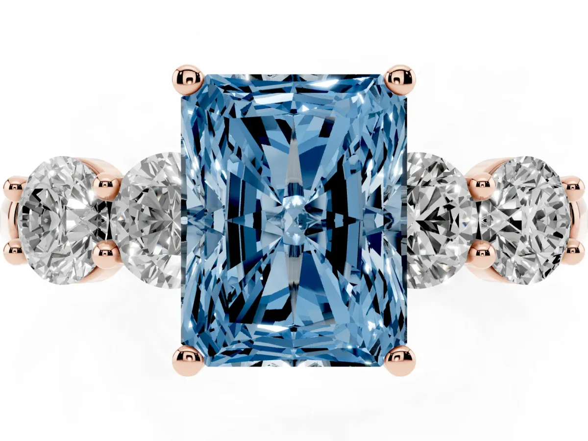 Fancy Blue Radiant Cut Cut Five-Stone Prong Set Diamond Ring with Classic Band Rose gold