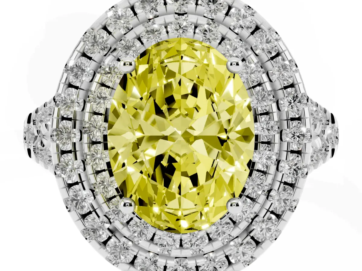 Fancy Yellow Double Halo Oval Cut Diamond Pavé Split Shank Ring with Prong Setting Platinum