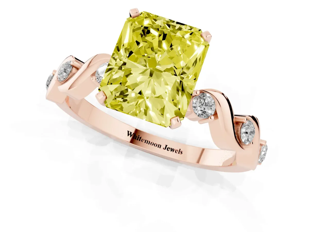 Fancy Yellow Radiant Cut Diamond Solitaire Twisted Band with Round Accents and Prong Setting Rose gold