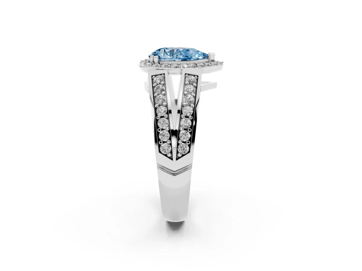 Fancy Blue Pear Cut Diamond Halo Ring with Split Shank Pavé Band and Four-Prong Setting White gold