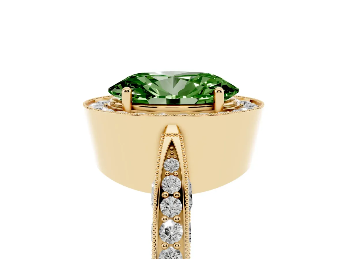 Fancy Green Oval Cut Halo Diamond Engagement Ring with Split Shank Band and Four-Prong Setting Yellow gold