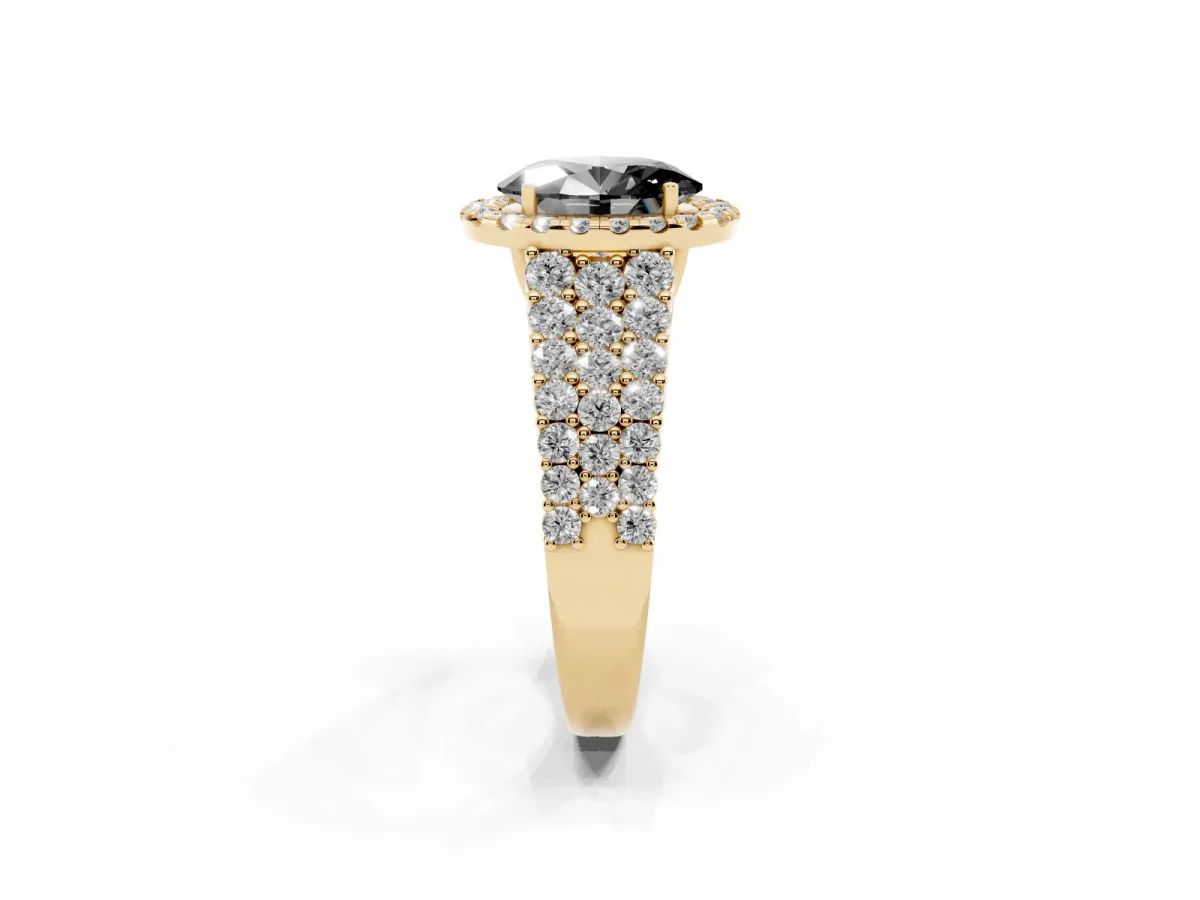 Fancy Black Oval Cut Diamond Halo Engagement Ring with Triple Row Round Pavé Band and Prong Setting Yellow gold