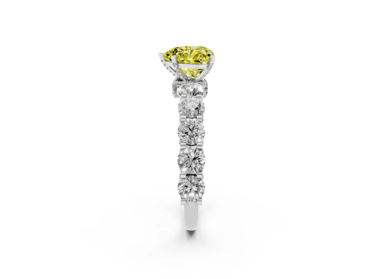 Fancy Yellow Heart Cut Diamond Side Stone Engagement Ring with Four-Prong Setting Silver