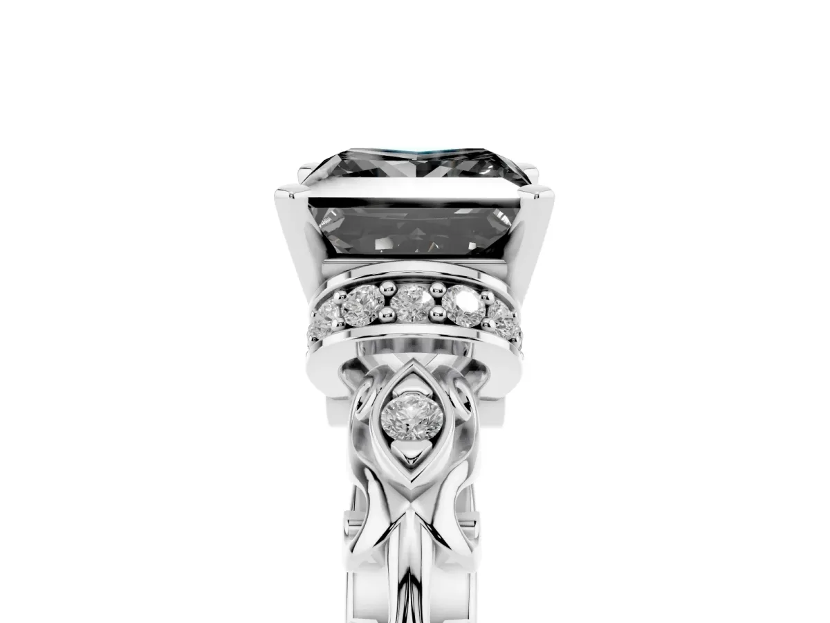 Fancy Black Princess Cut Diamond Solitaire Ring with Filigree Band and Four-Prong Setting Silver