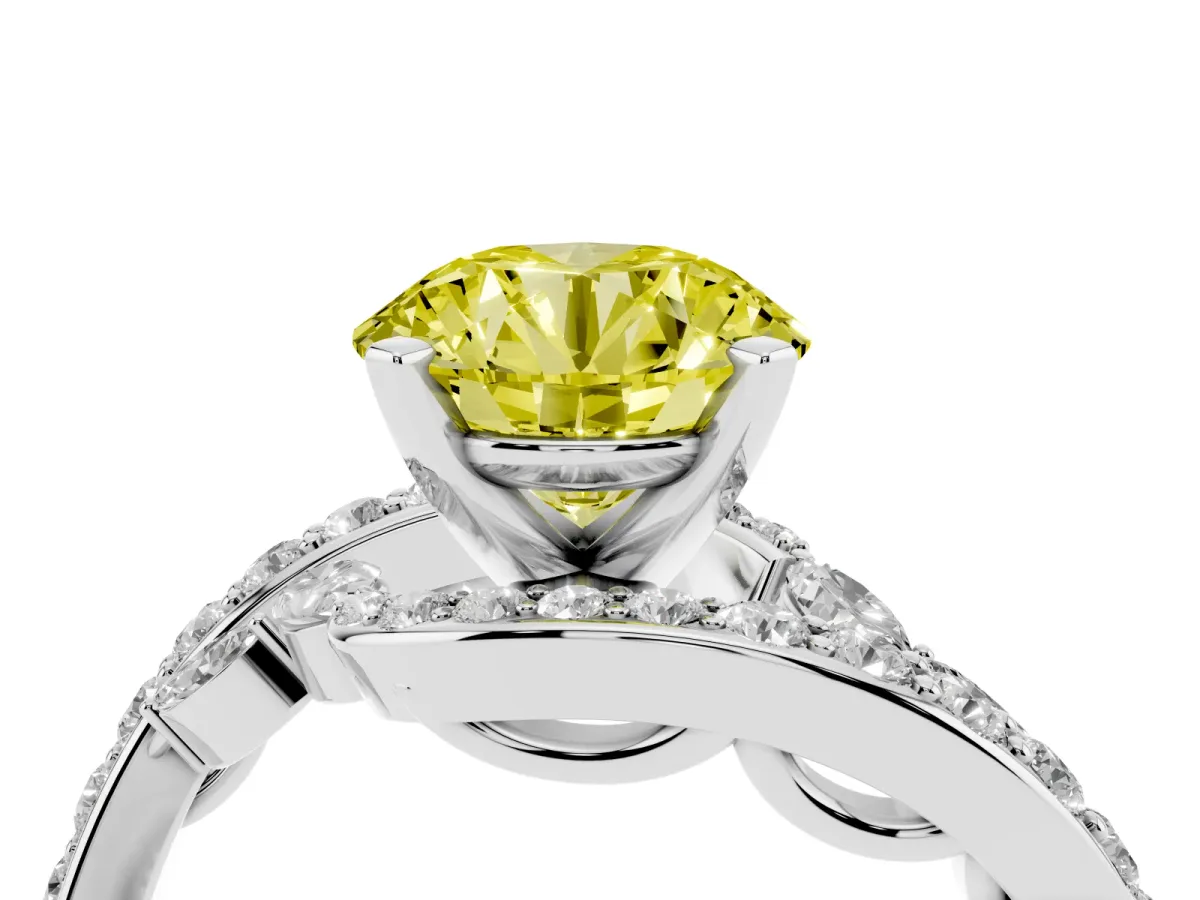 Fancy Yellow Round Cut Solitaire with Pavé Twist Band and Four-Prong Setting Silver