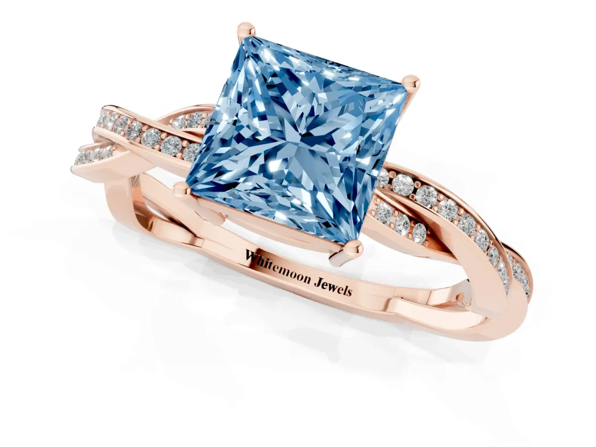 Fancy Blue Princess Cut Solitaire Twisted Pave Diamond Ring with Four-Prong Setting Rose gold