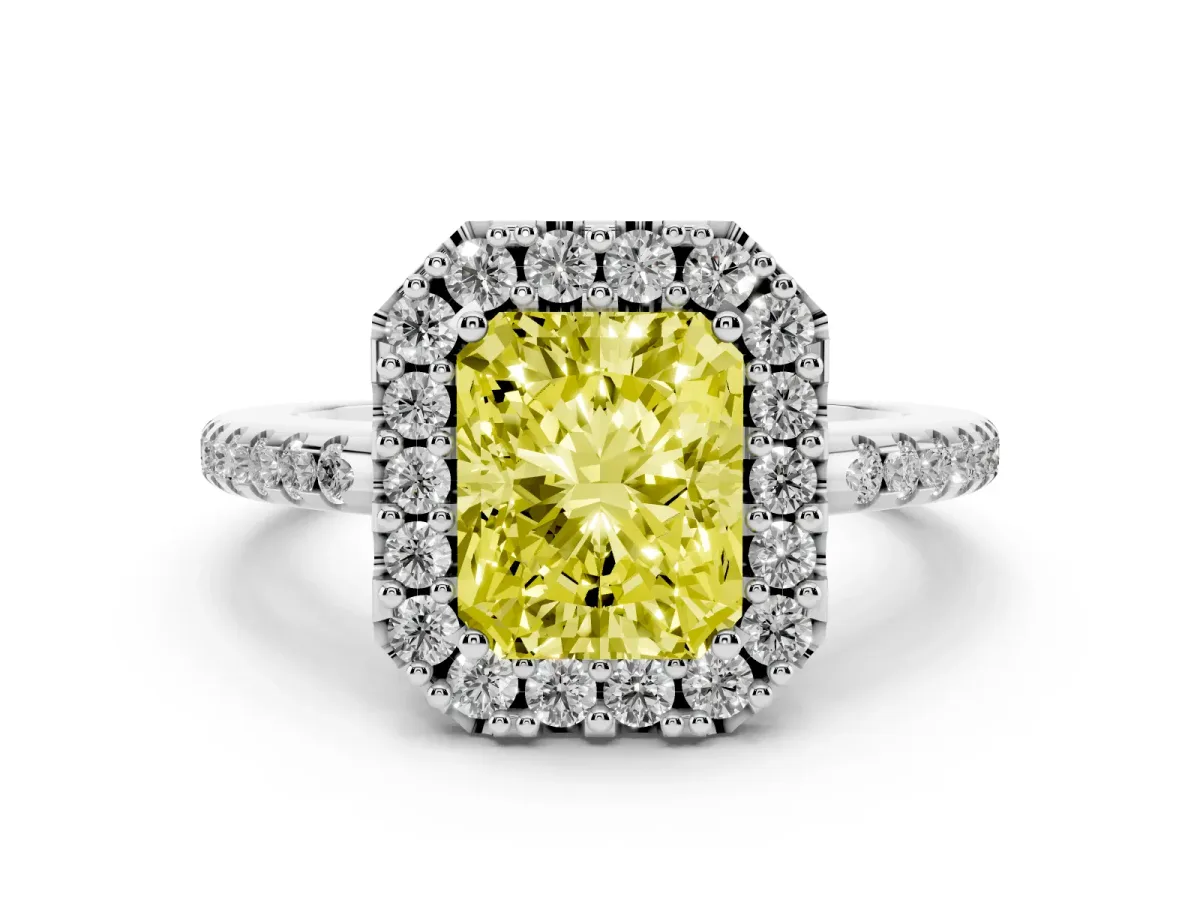Fancy Yellow Radiant Cut Diamond Pavé Halo Ring with Four-Prong Setting Silver