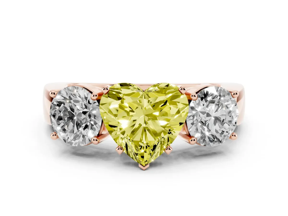 Fancy Yellow Three-Stone Heart Cut Diamond Ring with Round Side Stones, Classic Band, and Four-Prong Setting Rose gold