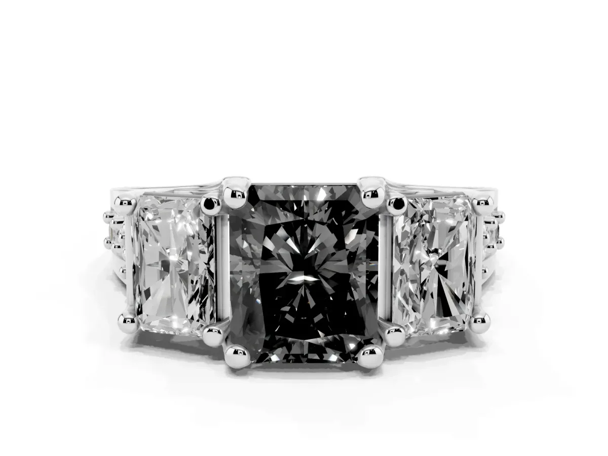 Fancy Black Radiant Cut Diamond Three-Stone Ring with Channel Set Band and Four-Prong Setting Platinum