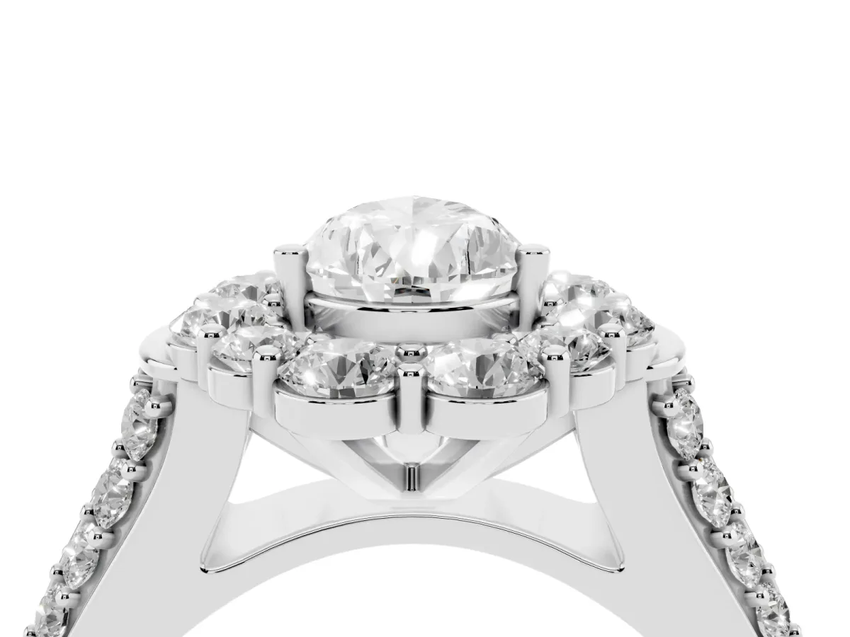 Pear Cut Halo Diamond Engagement Ring with Split Shank and Prong Setting Silver