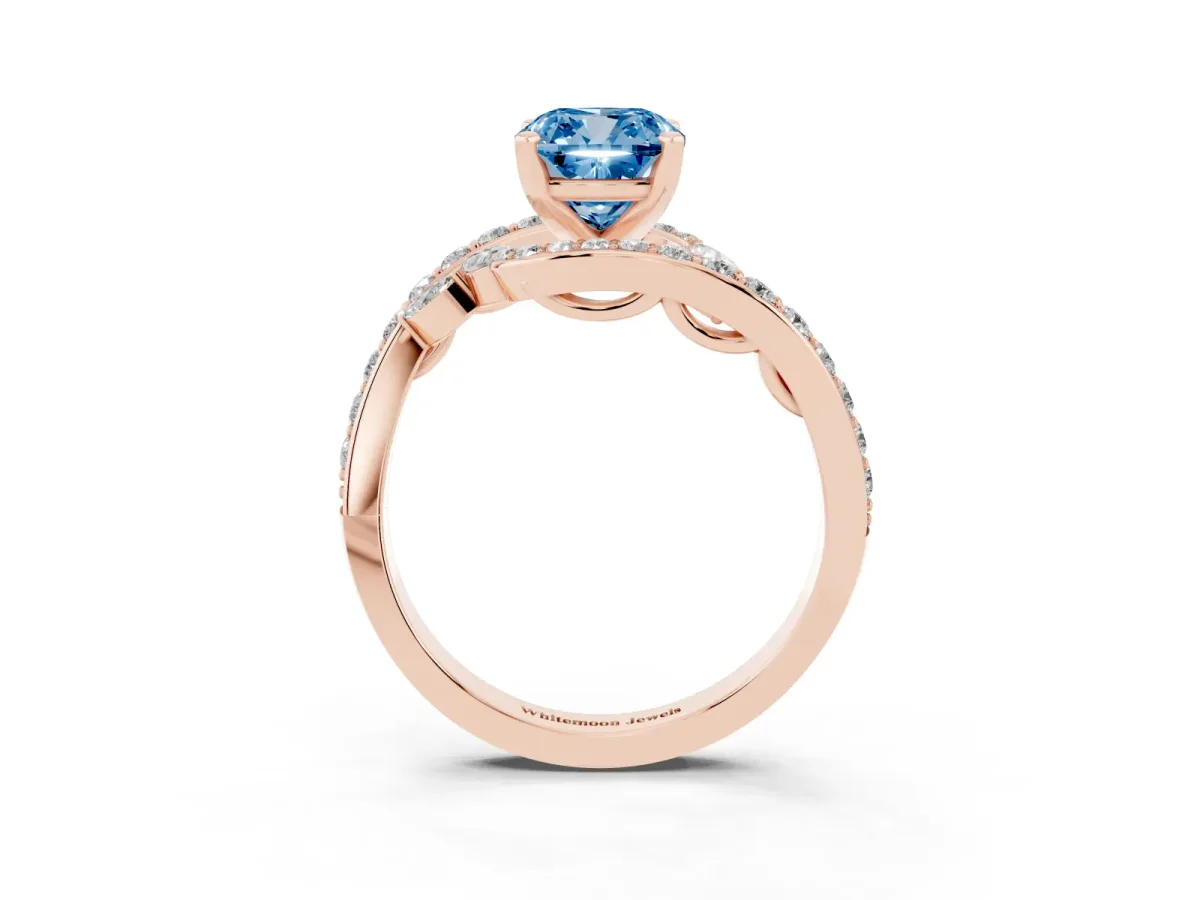 Fancy Blue Cushion Cut Solitaire with Pavé Twist Band and Four-Prong Setting Rose gold