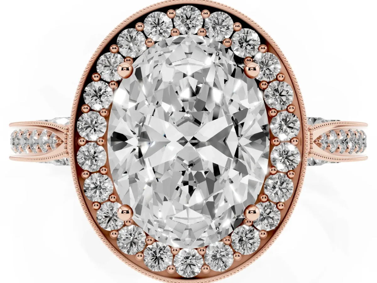 Oval Cut Halo Diamond Engagement Ring with Split Shank Band and Four-Prong Setting Rose gold